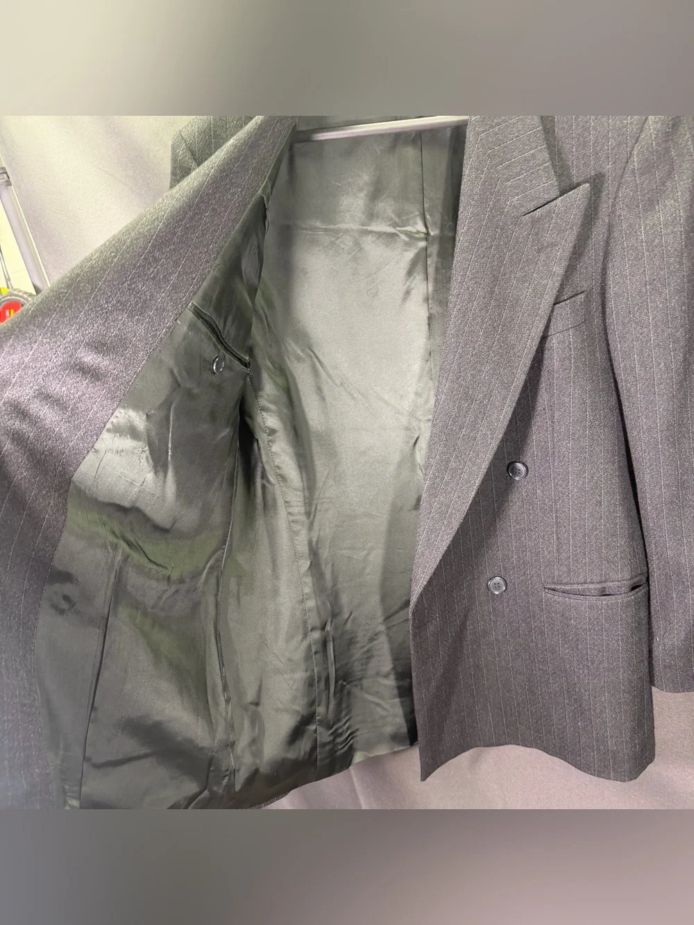 VTG Yves Saint Laurent 100% Wool Suit 36R 32x29 Made in France Gray Pinstripe DB